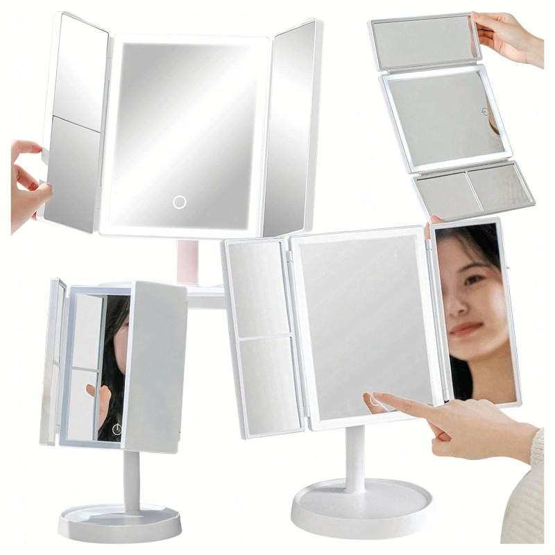 Lusterko kosmetyczne LED do makijażu rozkładane powiększenie x3 Lusterko kosmetyczne LED do makijażu rozkładane powiększenie x3