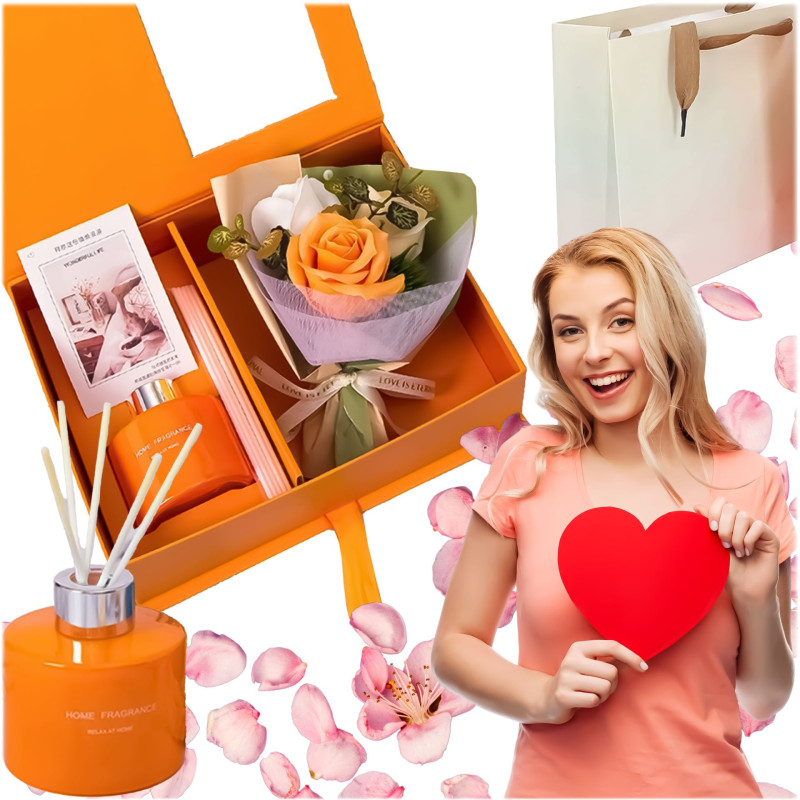 Zestaw Prezentowy Dyfuzor z Patyczkami i Róże Mydlane – Pomarańczowy | Dzień Kobiet, Walentynki
