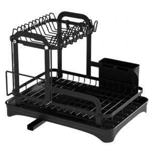 Duża Czarna Suszarka do Naczyń XXL – Dwupoziomowy Ociekacz z Odpływem