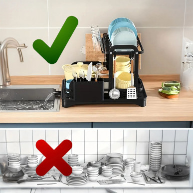 Duża Czarna Suszarka do Naczyń XXL – Dwupoziomowy Ociekacz z Odpływem RC-K-1545- Pool Garden Party