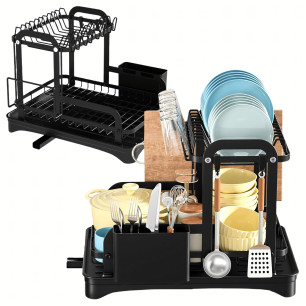 Duża Czarna Suszarka do Naczyń XXL – Dwupoziomowy Ociekacz z Odpływem RC-K-1545- Pool Garden Party