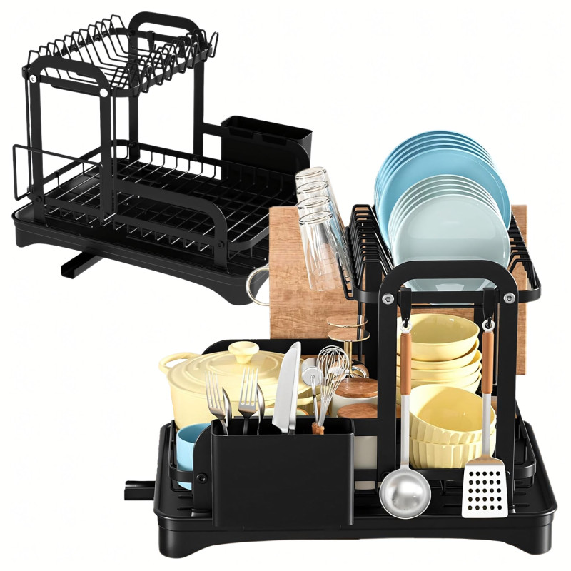 Duża Czarna Suszarka do Naczyń XXL – Dwupoziomowy Ociekacz z Odpływem