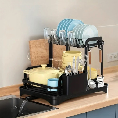 Duża Czarna Suszarka do Naczyń XXL – Dwupoziomowy Ociekacz z Odpływem RC-K-1545- Pool Garden Party