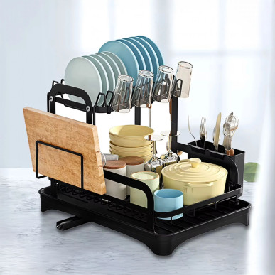 Duża Czarna Suszarka do Naczyń XXL – Dwupoziomowy Ociekacz z Odpływem RC-K-1545- Pool Garden Party