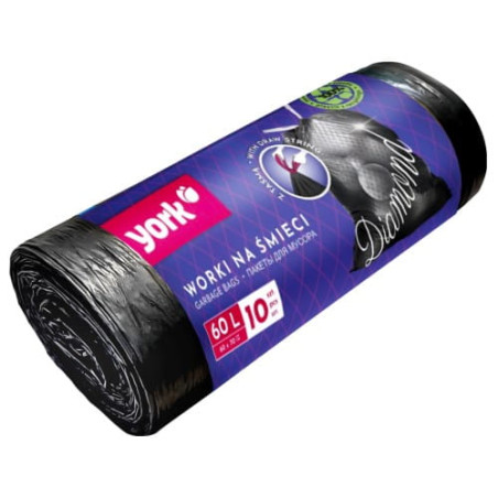 Worki na śmieci z taśmą DIAMOND 60 l / 10 szt. ekologiczne wytrzymałe elastyczne YORK